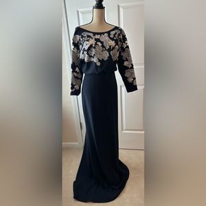 Badgley Mischka Navy and Silver Embroidered Maxi Dress